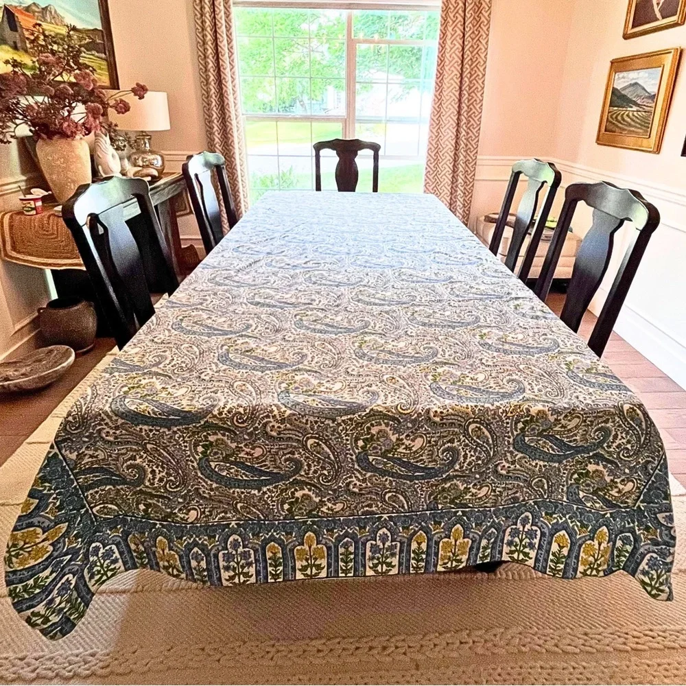 Huge 116x56 Extra Long Blue Yellow White Paisley Floral Cotton Tablecloth - XL